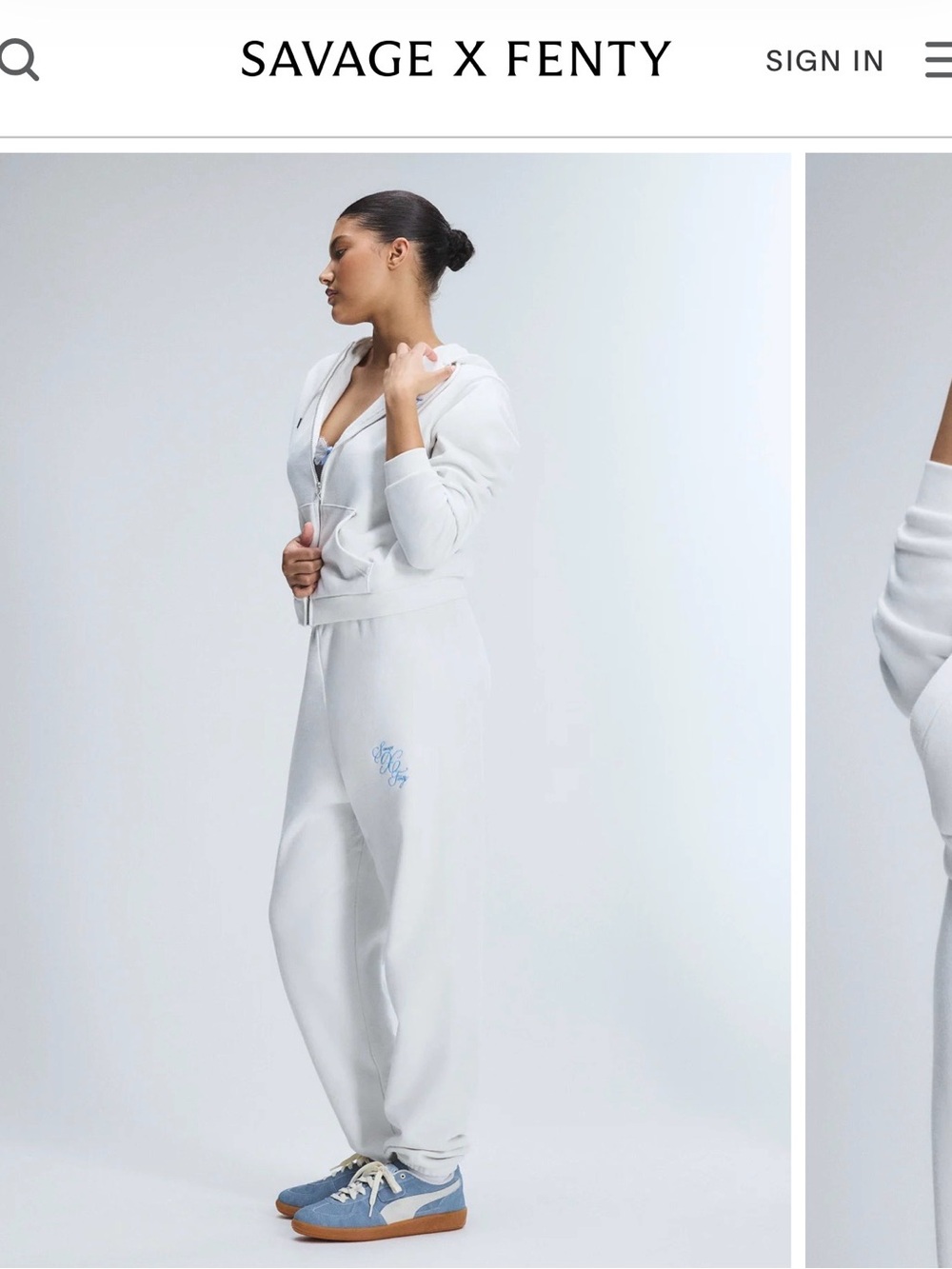 Savage X Fenty Cream Big Day Energy Sweatpants & Hoodie Set with Light Blue Logo